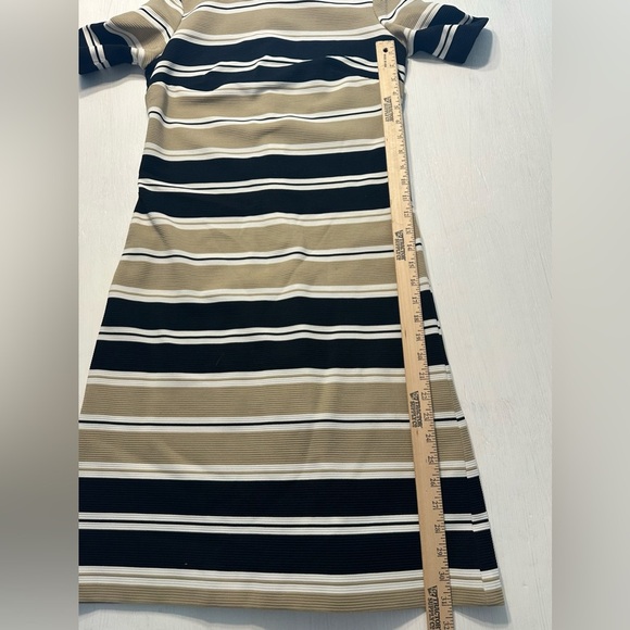 Vintage Mod Style Knit Dress Striped Beige Black White Mock Neck Short SleeveM/L - Picture 6 of 7